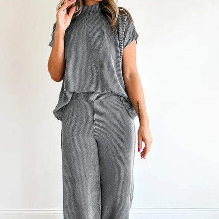 Dark Grey Twisted Ribbed High Neck Loose Tee Elastic High Waist Loose Pant Set