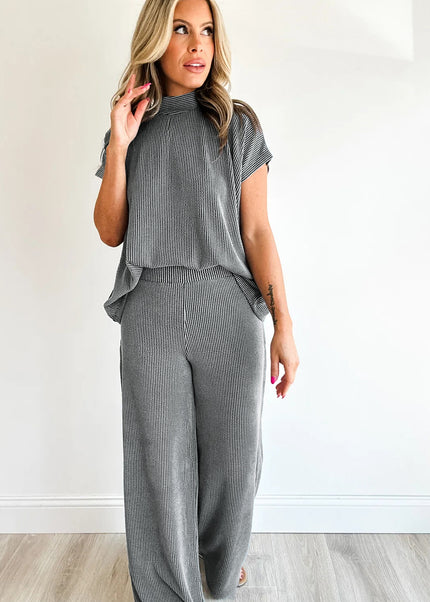 Dark Grey Twisted Ribbed High Neck Loose Tee Elastic High Waist Loose Pant Set