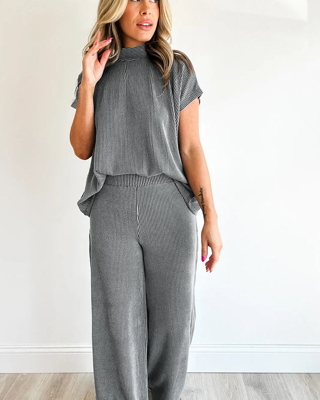 Dark Grey Twisted Ribbed High Neck Loose Tee Elastic High Waist Loose Pant Set
