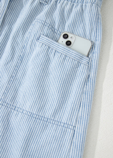 Sky Blue Stripe Collared Button Front Sleeveless Denim Mini Dress