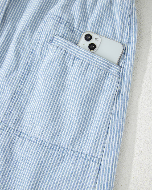 Sky Blue Stripe Collared Button Front Sleeveless Denim Mini Dress
