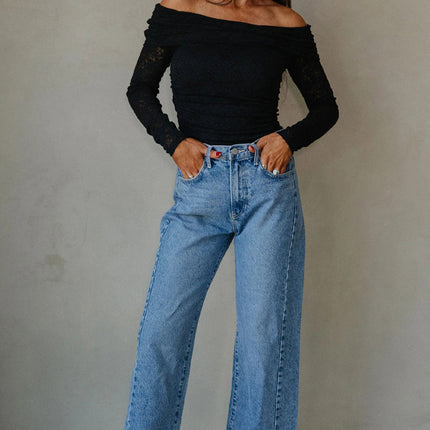 Black Floral Lace Off-shoulder Long Sleeve Slim Top