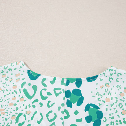 Leopard Print V Neck Short Sleeve Blouse