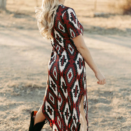 Red Western Aztec Printed Long T-shirt Dress