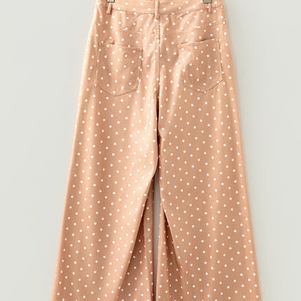 Khaki Polka Dot Print Drawstring Wide Leg Pants