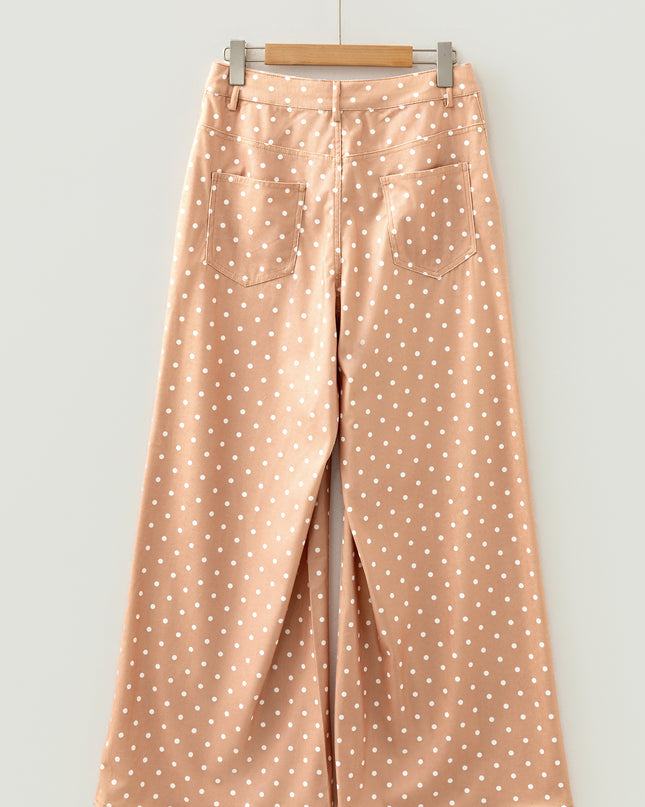 Khaki Polka Dot Print Drawstring Wide Leg Pants