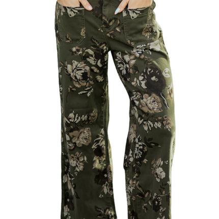 Green Vintage Floral Print Square Patch Pocket Raw Hem Shift Jeans