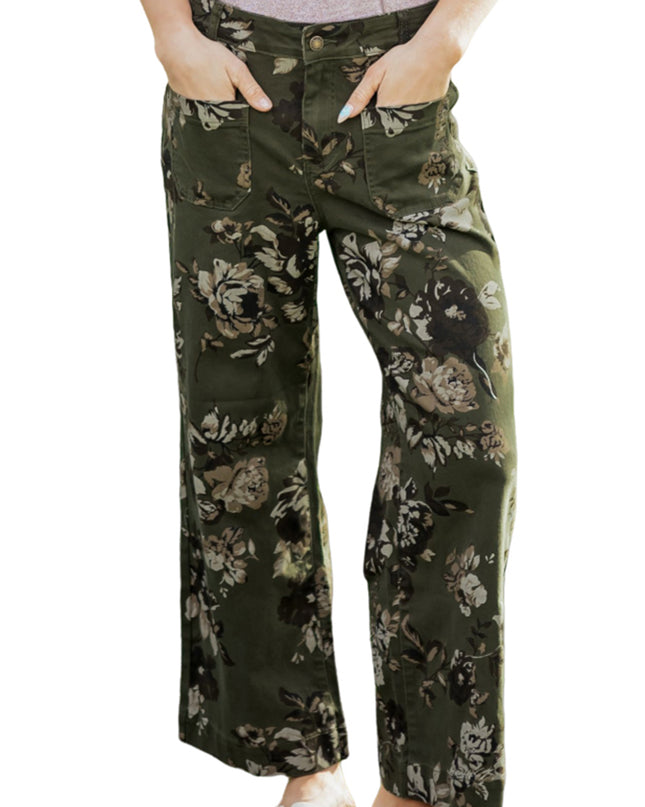 Green Vintage Floral Print Square Patch Pocket Raw Hem Shift Jeans