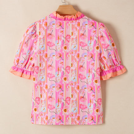 Pink Poppy Flower Striped Print Color Block Trim V Neck Short Sleeve Blouse