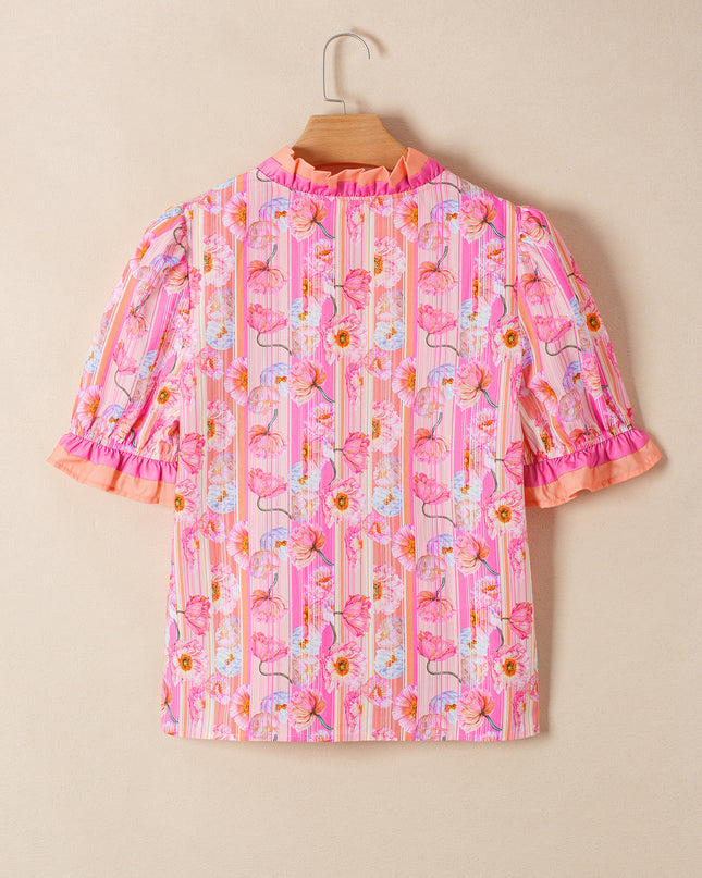 Pink Poppy Flower Striped Print Color Block Trim V Neck Short Sleeve Blouse