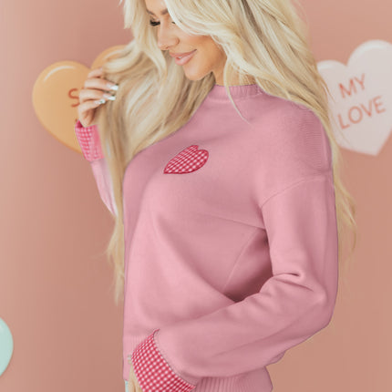Light Pink Plaid Heart Embroidered Cuffed Drop Shoulder Crew Neck Sweater