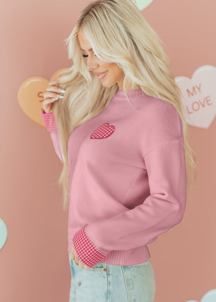 Light Pink Plaid Heart Embroidered Cuffed Drop Shoulder Crew Neck Sweater