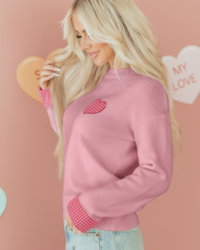 Light Pink Plaid Heart Embroidered Cuffed Drop Shoulder Crew Neck Sweater