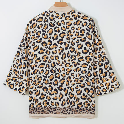 Khaki Mixed Leopard Patchwork 3/4 Sleeve Loose Shirt