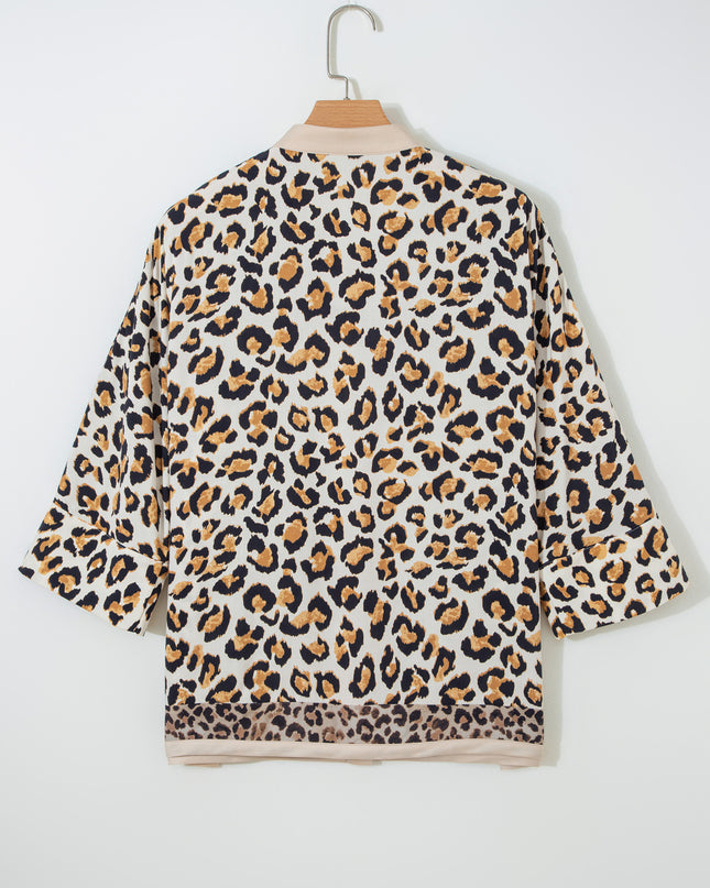 Khaki Mixed Leopard Patchwork 3/4 Sleeve Loose Shirt