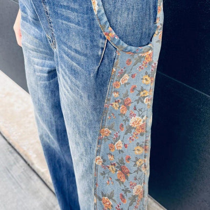 Peacock Blue Floral Patchwork Bib Denim Wide Leg Overalls