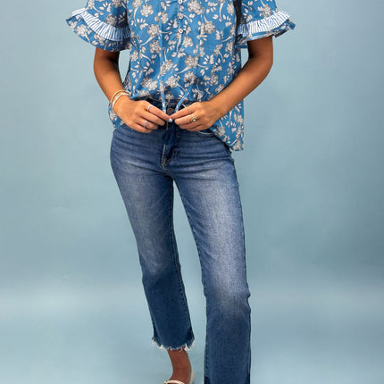 Blue Floral Print Button Tie Neck Striped Detail Short Sleeve Blouse
