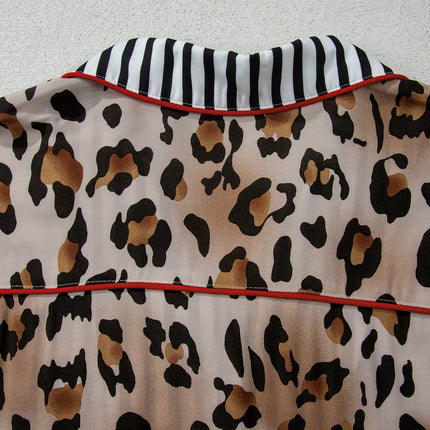 Khaki Plus Leopard Print Contrast Piping Striped Patchwork 2pcs Long Pajama Set