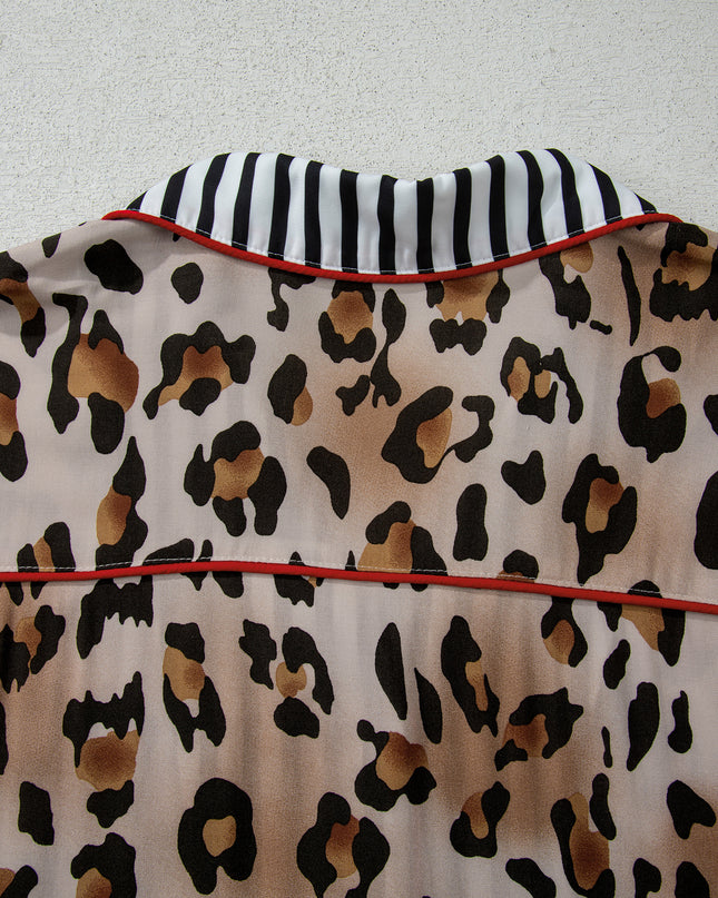 Khaki Plus Leopard Print Contrast Piping Striped Patchwork 2pcs Long Pajama Set