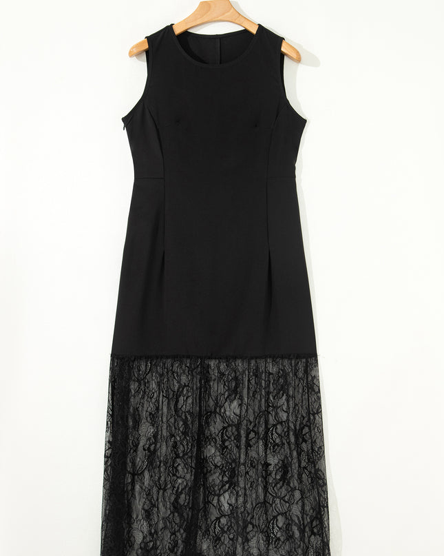 Black Solid Color Sleeveless Sheer Floral Lace Patchwork Long Dress