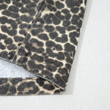 Gray Vintage Leopard Print Short Sleeve Loose Cotton Denim Shirt