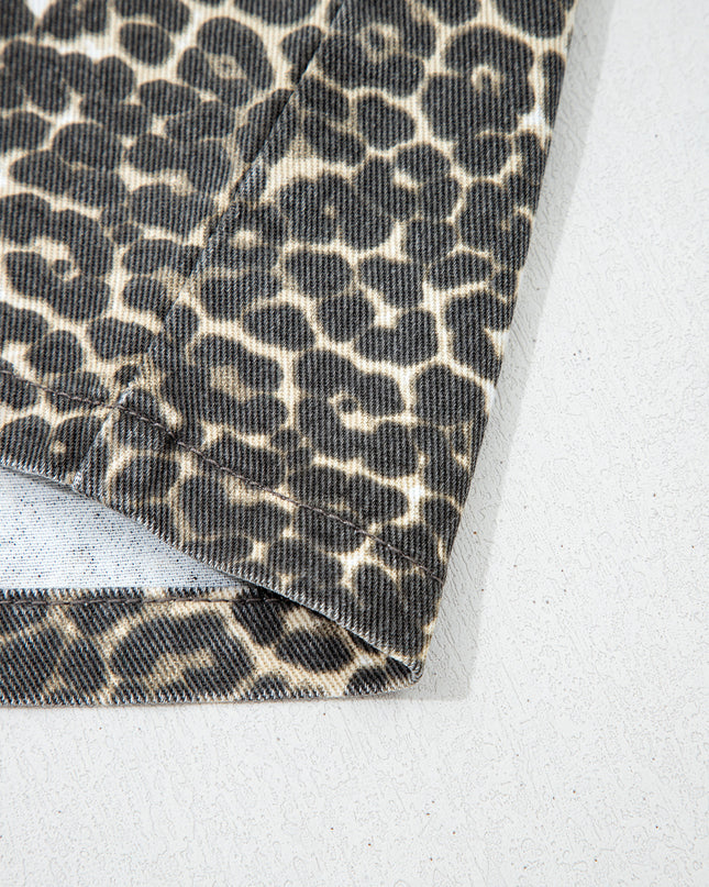 Gray Vintage Leopard Print Short Sleeve Loose Cotton Denim Shirt