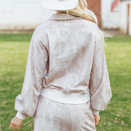White Abstract Woodland Print Balloon Sleeve Pullover Drawstring Mini Skort Set