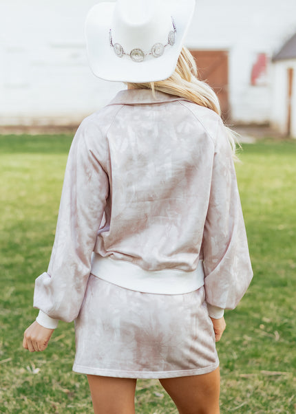 White Abstract Woodland Print Balloon Sleeve Pullover Drawstring Mini Skort Set