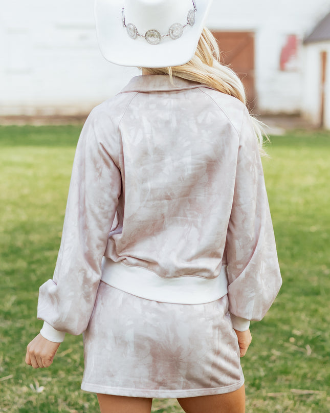 White Abstract Woodland Print Balloon Sleeve Pullover Drawstring Mini Skort Set