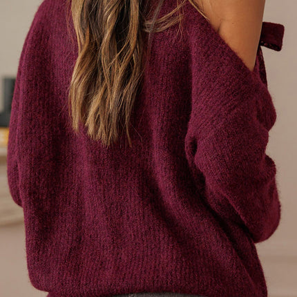 Burgundy Lace Bowknot Asymmetric Neck Sweater