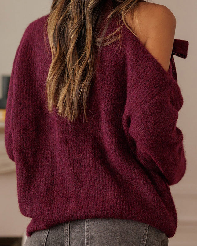 Burgundy Lace Bowknot Asymmetric Neck Sweater