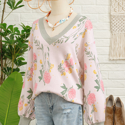 Pink Floral Pattern Striped V Neck Loose Sweater