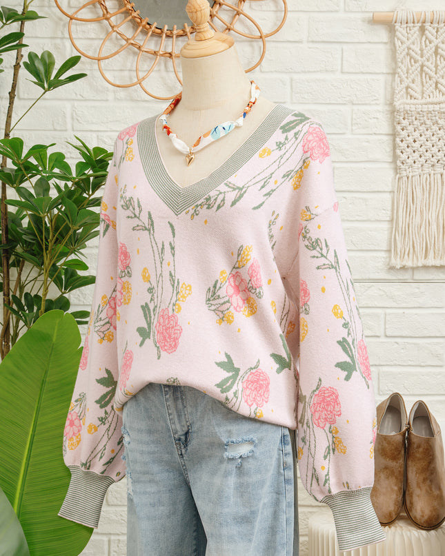 Pink Floral Pattern Striped V Neck Loose Sweater