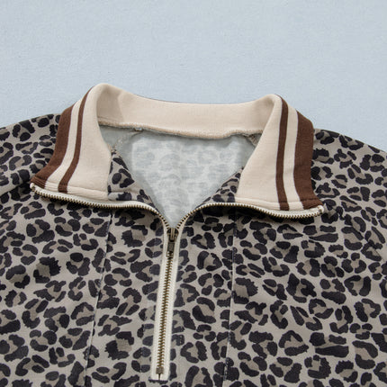 Khaki Leopard Print Half Zip Striped Trim Patchwork Short Sleeve Top