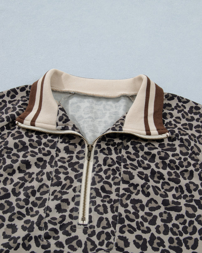 Khaki Leopard Print Half Zip Striped Trim Patchwork Short Sleeve Top
