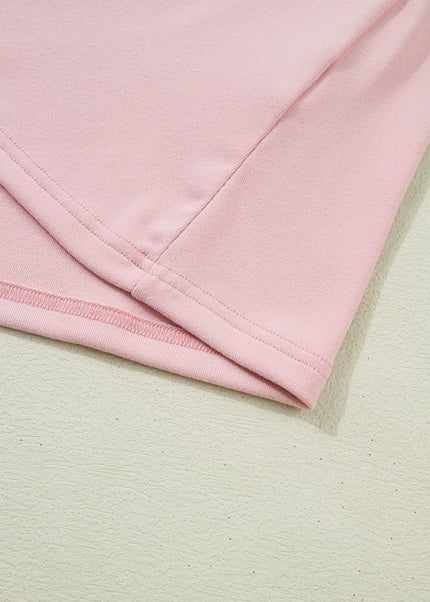 Light Pink Solid Color Bow Textured Patchwork Long Sleeve Tee