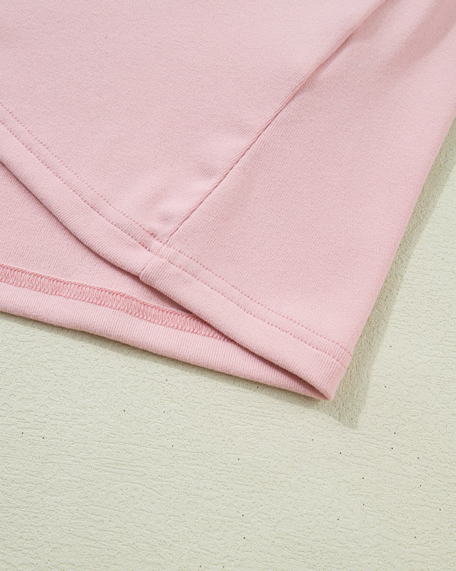 Light Pink Solid Color Bow Textured Patchwork Long Sleeve Tee