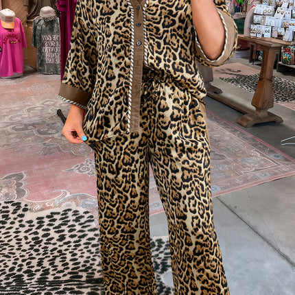 Brown Leopard Collared 3/4 Sleeve Shirt and Loose Pants Two Piece Outfit Set