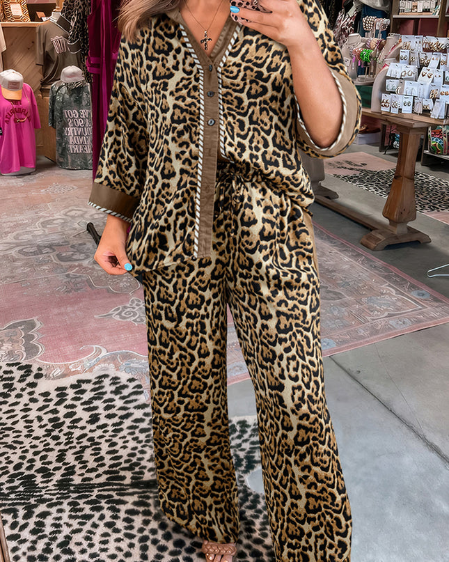 Brown Leopard Collared 3/4 Sleeve Shirt and Loose Pants Two Piece Outfit Set
