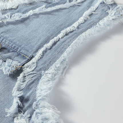 Beau Blue Frayed Edge Flap Pockets Denim Vest Jacket