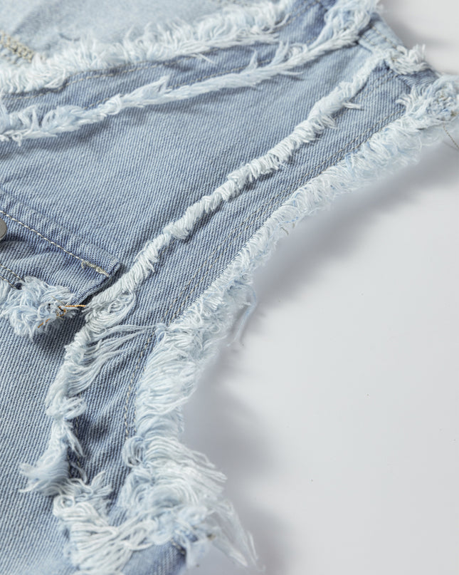 Beau Blue Frayed Edge Flap Pockets Denim Vest Jacket