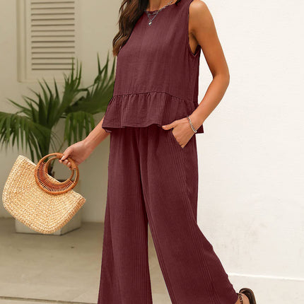 Beau Blue Solid Color Ribbed Ruffle Tank Top and Pants Set