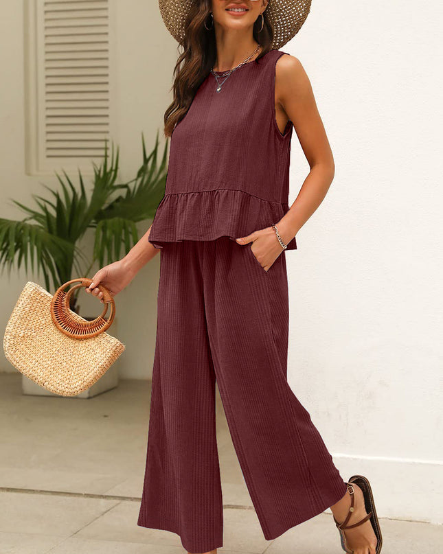 Beau Blue Solid Color Ribbed Ruffle Tank Top and Pants Set
