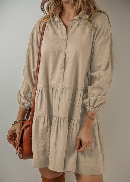 Tan Puff Sleeve Buttoned Tiered Pleated Shirt Mini Dress