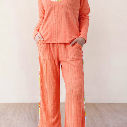 Grapefruit Orange Crochet Floral Accent V Neck Textured Pants Set