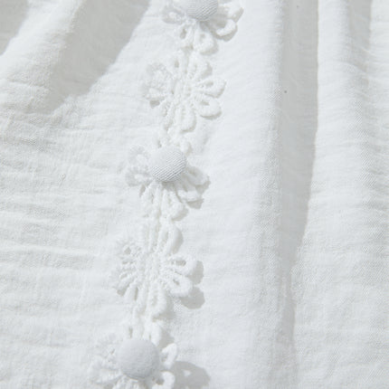 White Solid Color Floral Guipure Patchwork Frilled Long Sleeve Blouse