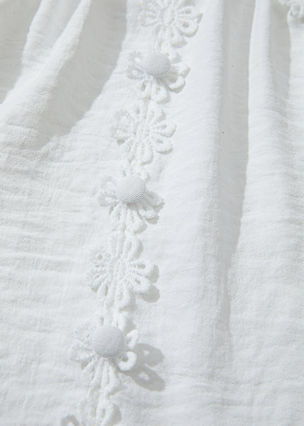 White Solid Color Floral Guipure Patchwork Frilled Long Sleeve Blouse