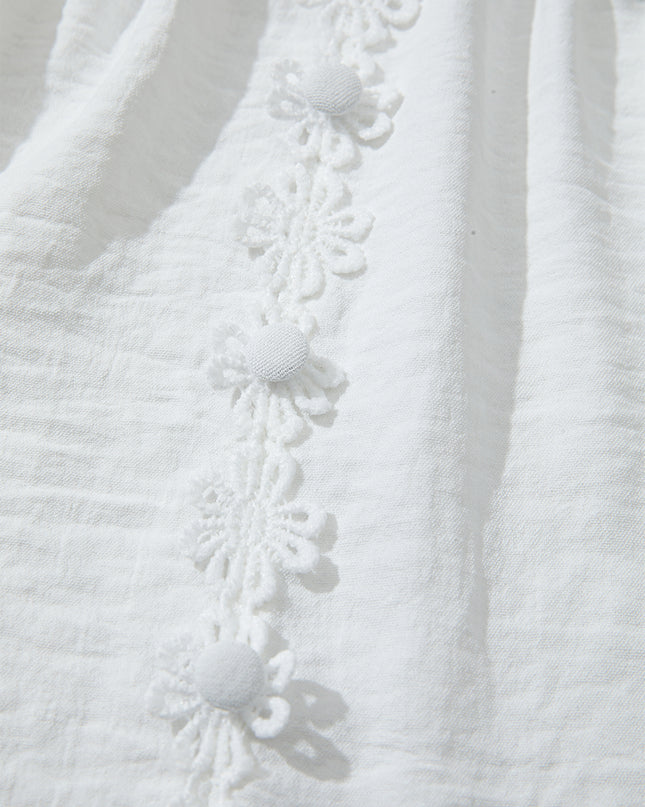 White Solid Color Floral Guipure Patchwork Frilled Long Sleeve Blouse