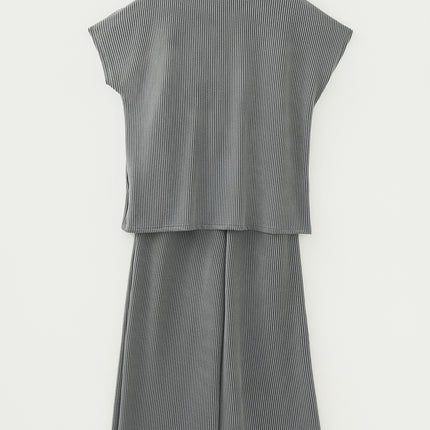 Dark Grey Twisted Ribbed High Neck Loose Tee Elastic High Waist Loose Pant Set