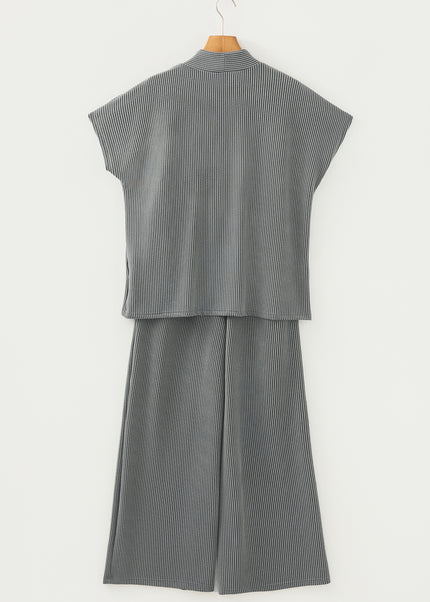Dark Grey Twisted Ribbed High Neck Loose Tee Elastic High Waist Loose Pant Set